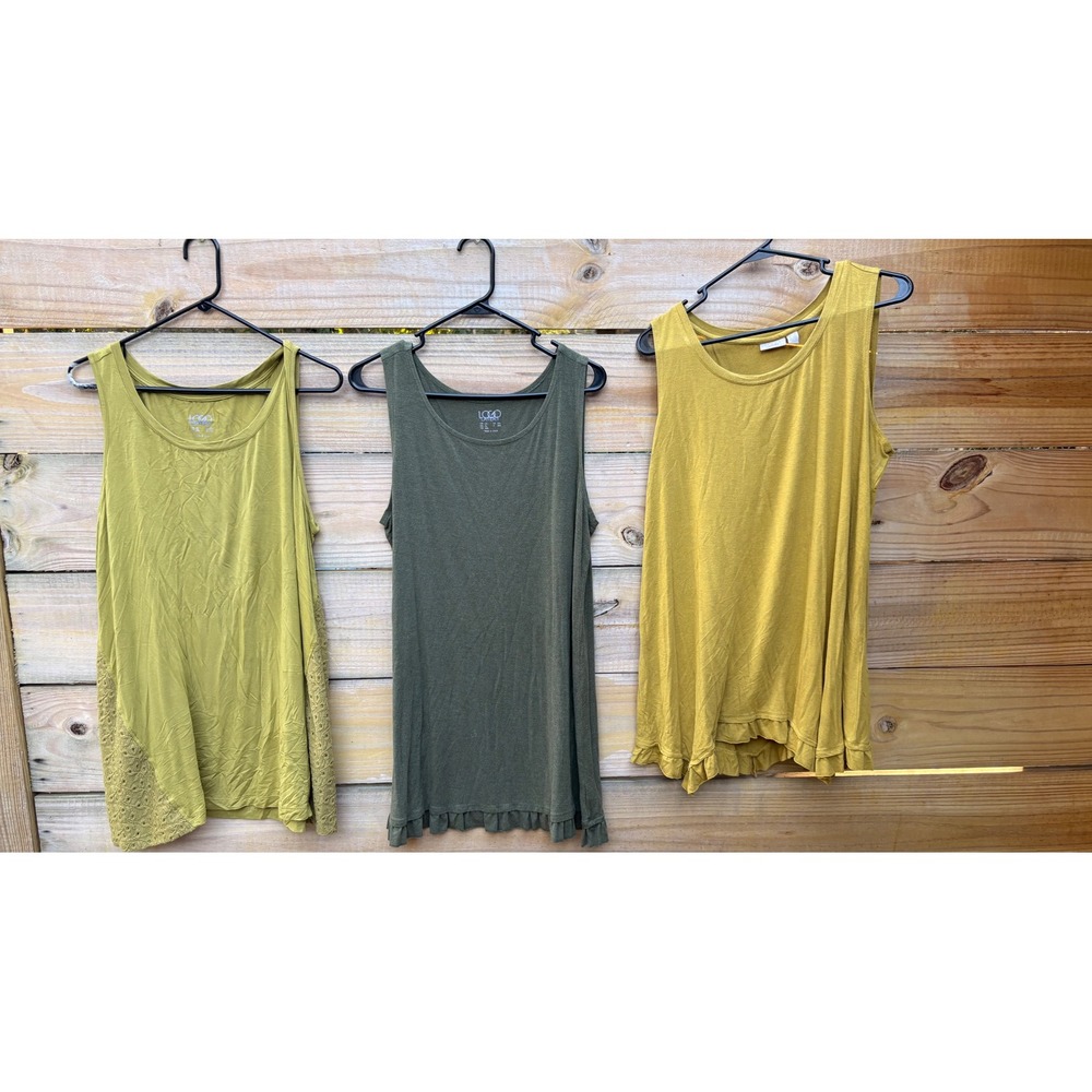 LOGO Layers Lori Goldstein Tank Top Bundle 3pc Mustard Olive Green Eyelet 1XL